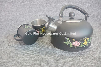 China Kitchen tea set flower painting stainless steel whistling tea pot black color whistling kettle with two cups supplier