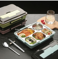 China Dinnerware set for kids 5 compartments 304 stainless steel bento food box with spoon flanking buckle food carrier supplier