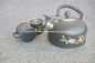 Kitchen tea set flower painting stainless steel whistling tea pot black color whistling kettle with two cups supplier