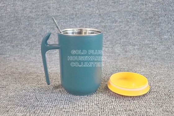 Cheap plain green coffee mug promotion double wall keep warm metal steel coffee mug with lid spoon supplier